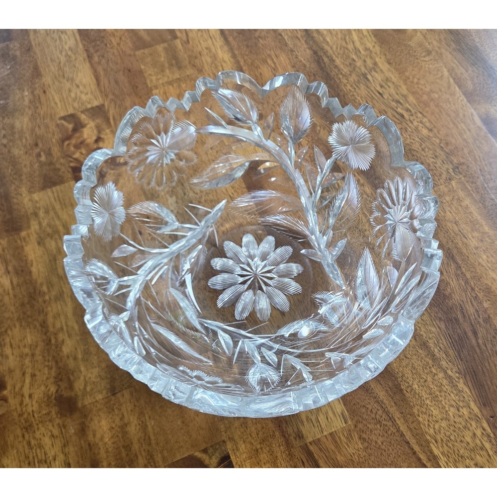 Libbey Signed American Brilliant Crystal Cut Glass Bowl 8" Floral Sawtooth